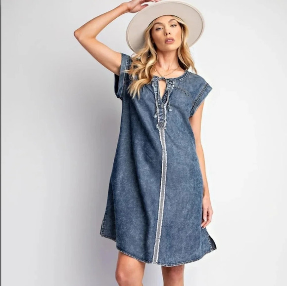 easel denim dress Janelle Denim Midi Dress - Collared Button-Up